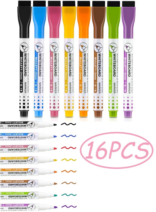 Set of 16 Pcs Magnetic Fine Tip Dry Wipe Whiteboard Pens Low Odour Erasable Markers with Eraser Assorted Colours for Kids Drawing School Office Home Classroom Whiteboard Use - Image 1